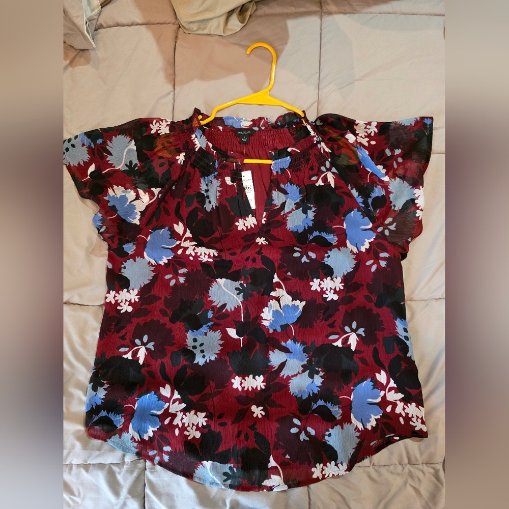 Ann Taylor Burgundy Floral Short-Sleeve Blouse with Blue and Black Accents